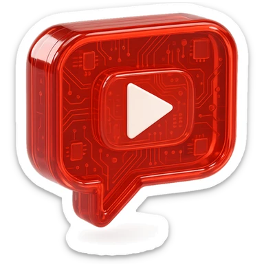 red speech bubble with inside a big red YouTube white play button, very glossy circuit style, white sticker