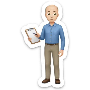 man, mid 40's shirt and trousers balding hairline, full body, standing, holding a clipboard sticker