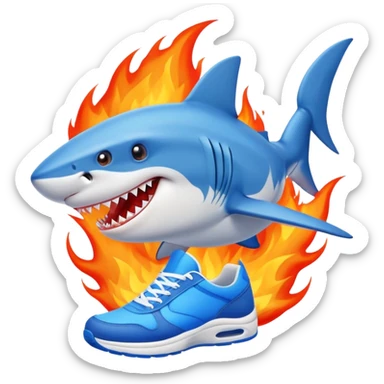 tiburón con zapatillas celestes y con fuego de fondo sticker