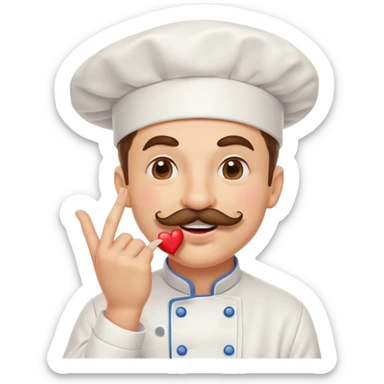 Mustachioed chef with smiling eyes and puckered lips giving his pinched fingers a kiss with a heart emoji sticker