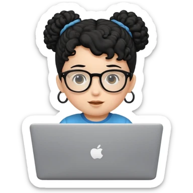 A baby DEVELOPER WITH A laptop, black curly hair and topknot, wearing glasses sticker