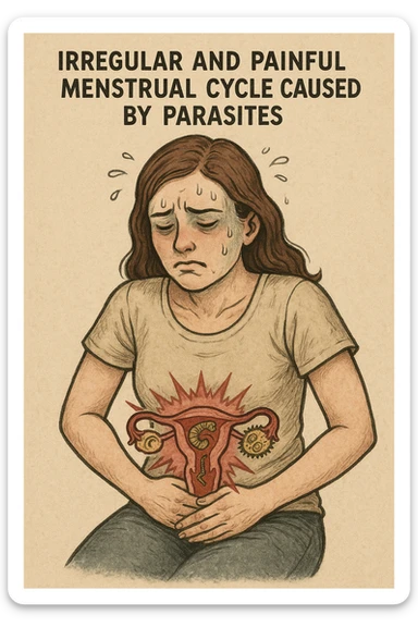 Donna con ciclo irregolare e doloroso a causa dei parassiti sticker