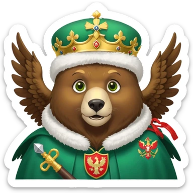Sweet brown bear face with green eyes, white fluffy ushanka hat with Russian coat of arms showing golden eagle with spread wings, crowns, scepter, orb, and St. George shield, iOS emoji style sticker