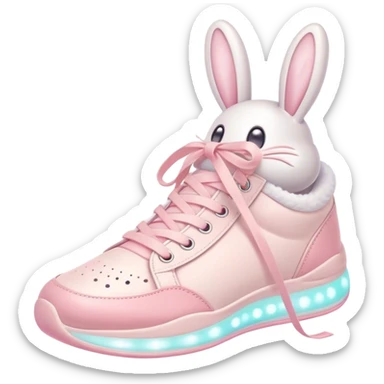 Cute Kawaii Shoe, small and bouncy, soft pastel sneakers with glowing highlights, cute sparkling eyes, a happy cheerful expression, laces tied like bunny ears! sticker