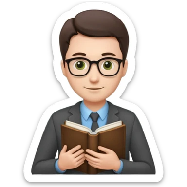 The teacher has a book in his hand and a green board behind him. sticker