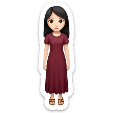 Chica blanca ,ojos marrones, vestido granate ajustado largo,manga corta,  cuerpo entero ,pelo negro y largo sandalias sticker