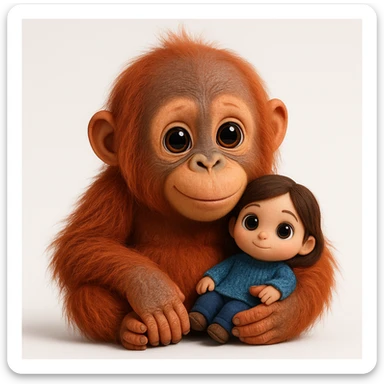 {
  "rendering": "3D rendered digital illustration",
  "materials": "high-detail textures with realistic material rendering",
  "lighting": "studio lighting with soft diffused shadows",
  "shading": "soft ambient occlusion, subsurface scattering on skin",
  "forms": "rounded smooth forms",
  "background": "clean white background",
  "eyes": "glossy reflective eyes",
  "colors": "vibrant saturated colors",
  "surface_detail": "detailed surface textures including fur strands and fabric weave",
  "animal_proportions": "naturalistic proportions for animals and objects",
  "human_proportions": "cute stylized proportions with large expressive eyes for human characters only",
  "subject": "orangoutang"
} sticker