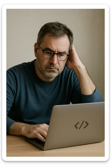 Create an image of a realistic, less cute middle-aged male developer wearing glasses. He is dressed in blue-toned clothing with other colors muted and toned down. The developer is sitting in front of a laptop with an expression of pondering lunch options. The background should be simple and minimalistic. The style should be realistic and not cartoonish, without any food icons, focusing on a natural and subdued color palette. sticker