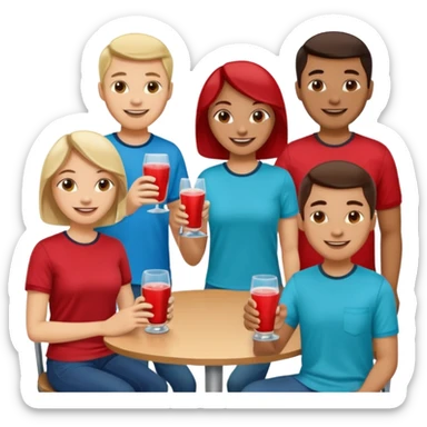 Two dozen adults in casual clothing with red, aqua and blue shirts with different drinks chatting at an afterwork meeting sticker