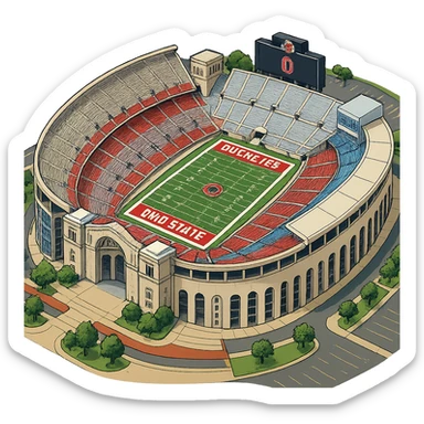 Изометричная, яркая, детализированная и фотореалистичная иллюстрация стадиона Ohio Stadium в стиле 3D-коллажей городов, насыщенные цвета, аккуратные линии, мультяшно-реалистичная стилистика. Чёткие контуры, прозрачный фон, высокое качество. sticker