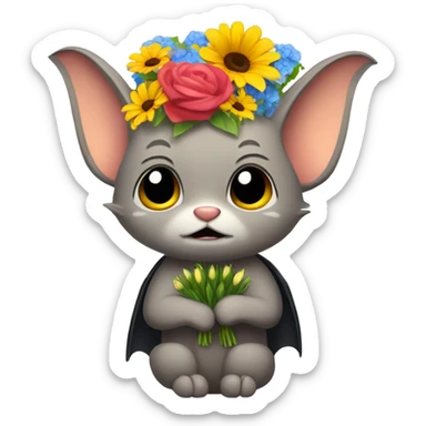 Tabby bat with bunch of flowers apologizing sticker