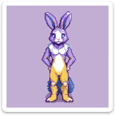 furry anthro male bunny with purple hair, blue eyes, purple and white fur, pixel art style, standing pose sticker