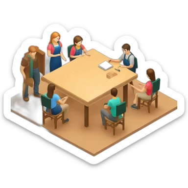 isometric square transparent solid outline border containing woodworking teacher with student teaching in creative workshop on long table sticker