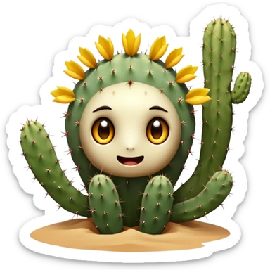 A desert-dwelling plant hybrid creature with cactus spines, eyes, blooming flower petals that change color with the temperature, and the ability to burrow underground with root-like limbs during sandstorms. sticker