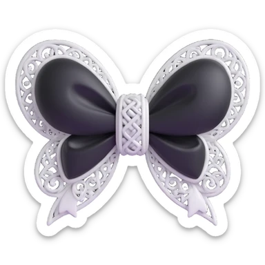3D emoji gothic bow, pure white velvet, silver filigree, black gemstone center sticker