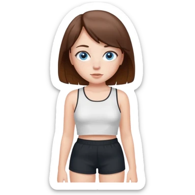 Brown haired girl with bob and blue eyes and freckles and white crop top and black shorts sticker
