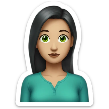 tall girl with dark long hair, green eyes, blue shirt sticker