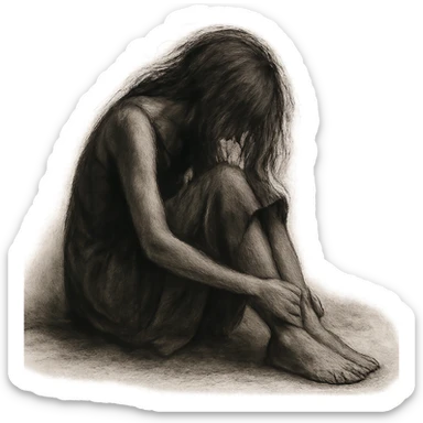 expressive pose of a girl sitting, back slightly hunched, head down, messy hair over her face and shoulders, barefoot in a simple dress, sad or thoughtful mood, dim lighting, soft shadows, minimal background sticker