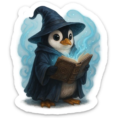 penguin wizard holding an ancient book, mystical aura sticker