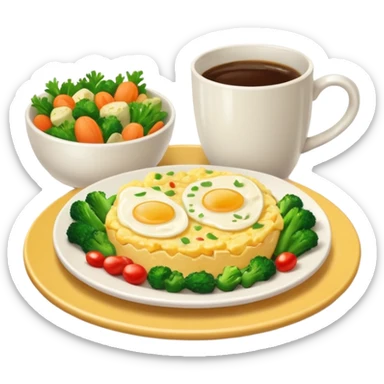 plate with eggs and veggies,  on the side one coffee in cute mug sticker
