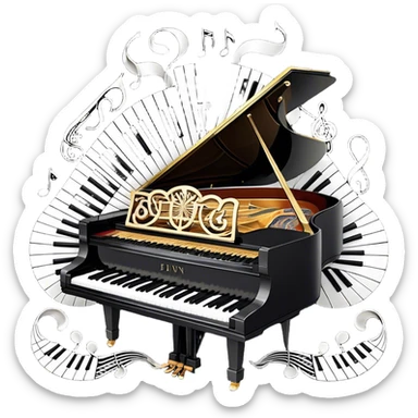 Create a sophisticated and celebratory emoji collage representing keyboard instruments, designed in the style of a coat of arms or crest. The design should feature a central, ornate grand piano with black and white keys, surrounded by a ribbon of musical notes. The ribbon should intertwine with a second ribbon made of black-and-white piano keys, creating a flowing, symmetrical pattern. Include delicate, elegant details such as the pedals of the grand piano, intricate woodwork, and the glossy, polished surface of the instrument. The musical notes should be swirling around the design in a harmonious, festive arrangement. Use gold, silver, and rich wood tones to evoke a sense of luxury and professionalism, with the black-and-white keys of the piano adding contrast. The background should remain transparent. sticker