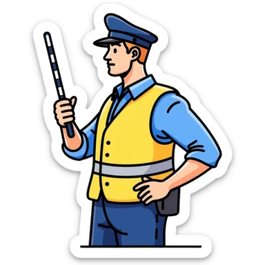Russian traffic police officer with reflective vest, blue uniform, peaked cap, directing traffic with striped baton sticker