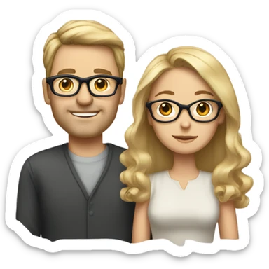 Woman with long brunette hair in 30s with husband who has blonde short hair, and glasses sticker