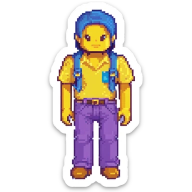 Steve from Minecraft, blocky character with blue shirt and purple pants sticker