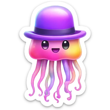 Kawaii pastel rainbow jellyfish with neon top hat  sticker
