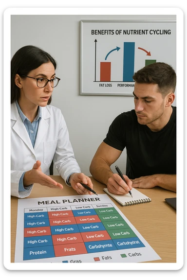 a nutritionist explains to an athlete how to cycle macronutrients for fat loss and training. On the desk, a weekly meal planner shows alternating high-carb and low-carb days, with color-coded sections for proteins, fats, and carbs. The athlete takes notes, and a chart in the background illustrates the benefits of nutrient cycling. The mood is professional and educational. scritto in italiano sticker