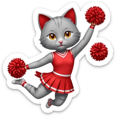 A sleek grey cat cheerleader twirling pom-poms with confident energy. sticker