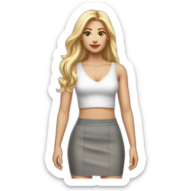 hyperrealistic caucasian blonde, long straight hair, white deep v-neck crop tanktop, gray tight mini skirt sticker