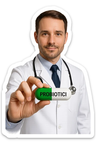 Dottore con pillola in mano chiamata PROBIOTICI sticker