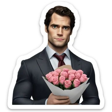 realistic photo of Henry Cavill holding roses and chocolates sticker