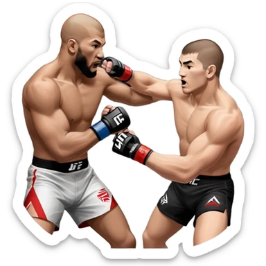 wo MMA fighters in the octagon, one delivering a strong punch while the other defends with a guard. The background shows the UFC octagon with the crowd in the distance. Transparent background emphasizes the dynamic intensity and skill of mixed martial arts. sticker