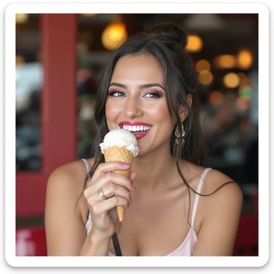 a woman enjoying an ice cream cone, realistic photography style sticker