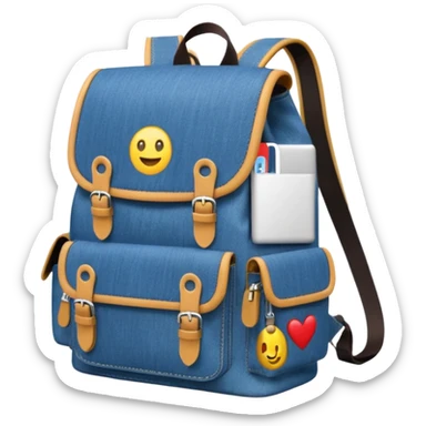 An emoji-style blue denim backpack with a flap top and one small buckle straps attached only on the flap, not connected to the front panel. No front pockets or vertical straps below the flap. Clean and minimal design with two side pockets. 



 sticker