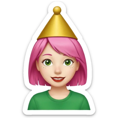 Create a girl with pink hair and green eyes with long eyelashes and a smiley face. She has freckles in her face and a lit of bit of lipstick on her mouth, she’s also got gold birthday hat on her head with gold pom poms on top of it, and her T-shirt is red sticker