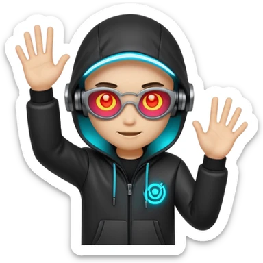 Chibi cyberpunk hacker emoji with glowing eyes, shaking head “no” and waving stop hand, friendly anti-scam message, text “NO SCAMS”, smooth looping animated sticker, bright neon colors, transparent background, Discord emoji style. sticker