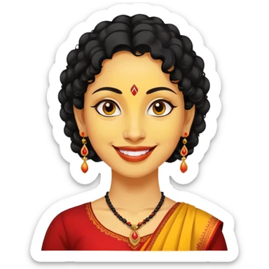 "- Phụ nữ
- 35 tuổi
- Da vàng
- Tóc đen xoăn nhẹ
- Có chấm đỏ Bindi, đeo khuyên tai
- Mặt cười
" sticker