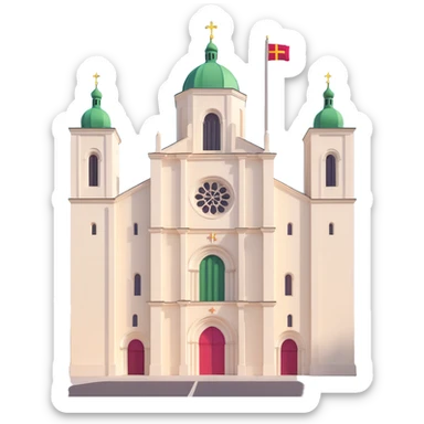 3D style Discord role icon featuring Vilnius Cathedral Lithuania with recognizable cathedral silhouette and subtle Lithuanian flag colors suitable for small display sticker