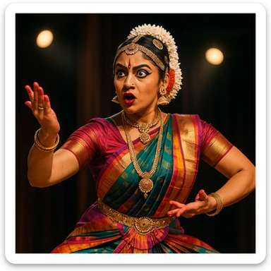 Bharatanatyam dancer, mid-performance, colorful silk saree, temple jewelry, dramatic facial expression, stage background sticker