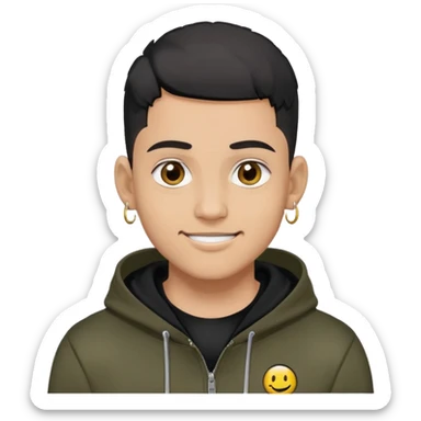 man with black military haircut, brown eyes, wearing 2 circle earrings and a black hoodie with a smiley face sticker