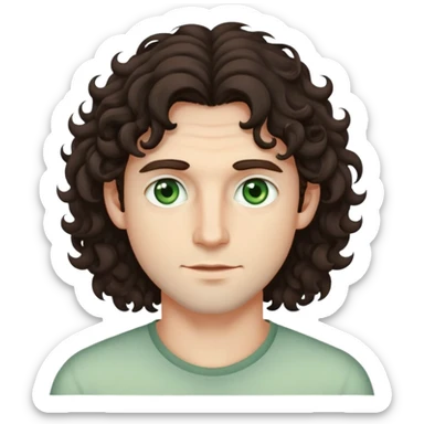 man with medium-long curly dark brown hair and pale green eyes sticker