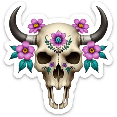 Aesthetic tattooed bull skull cranium with flowers, black painted pattern markings  sticker