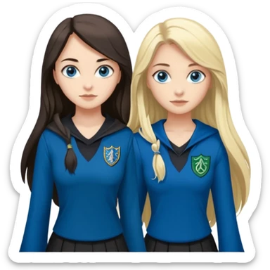 a pretty ravenclaw girl with long dark brown hair and blue eyes standing with a hot Slytherin girl with long blonde hair, blue eyes and big boobs  sticker