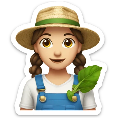 farmer girl, bright blue eyes, dark brown hair, with a straw hat, ponytail, holding greens sticker
