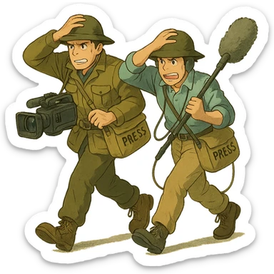  walking from left to right across frame: a cameraman, and a microphone operator, ONLY two people, war correspondents, tense moment, BOTH HOLDING ONTO THEIR HAT! sticker