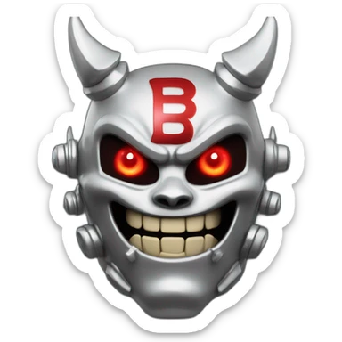 chrome demon with red lazer eyes, white teeth and letter B on the face, 3d, portrait, black background sticker