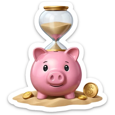 A piggy bank with a coin and an hourglass ⏳ beside it, symbolizing saving over time for retirement. sticker